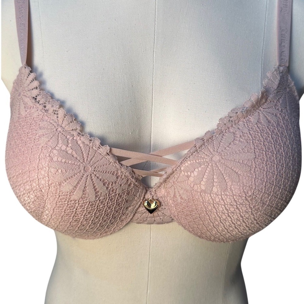 Juicy Couture Push Up Bra Women 34C Rose Pink Floral Lace Gold Heart Charm